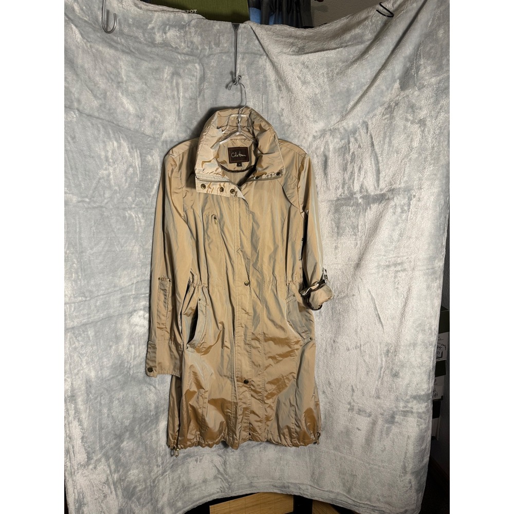 Cole Haan Womens Iridescent Gold Long Rain Jacket Hooded Trench Coat Tan Size M